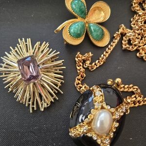 Signed Jeanne Brooch Large Egg Goldtone Necklace Vintage Mod Craft Repair Rhine